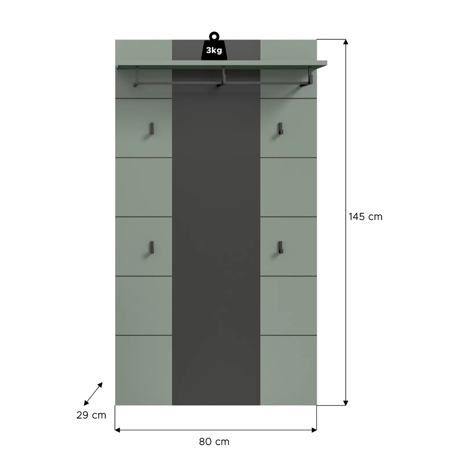 Inn.Furn Garderobenpaneel Cooper in Salbei/Grau, 80x141cm, mit Hutablage, Kleiderstange und Haken.