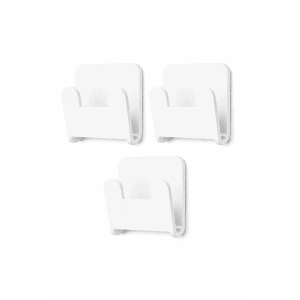 Drei weiße Radius Design Wandhaken aus Aluminium zur Klebemontage, ideal als Badhelfer ohne Bohren.