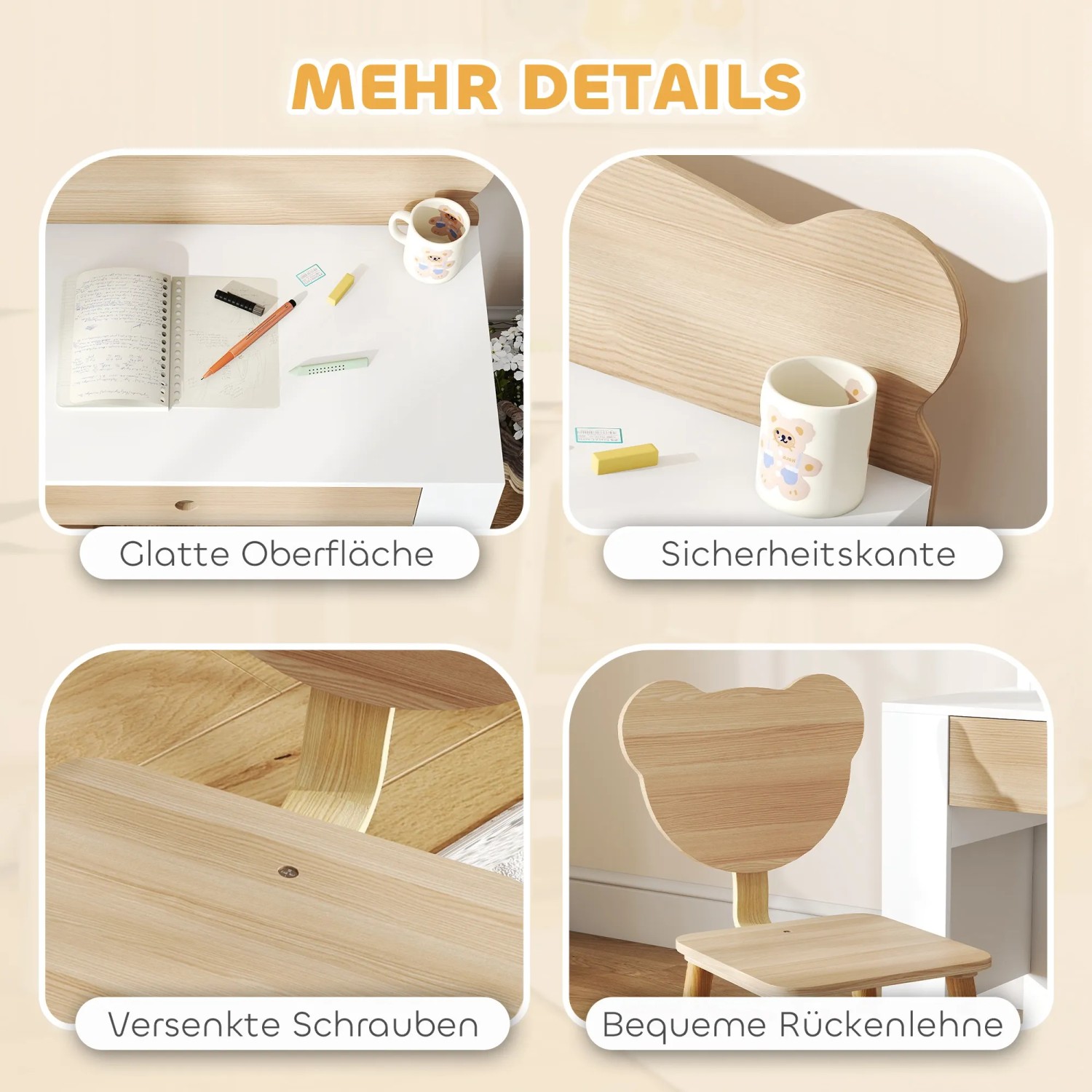 Details des AIYAPLAY Kinderschreibtisch Sets aus Holz und Weiß mit Schublade und Bärenstuhl.
