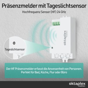 Weißer Oktaplex Amy HF Präsenzmelder mit 24 GHz Bewegungssensor und Tageslichtsensor für 360 Grad Erfassung in Lampen.