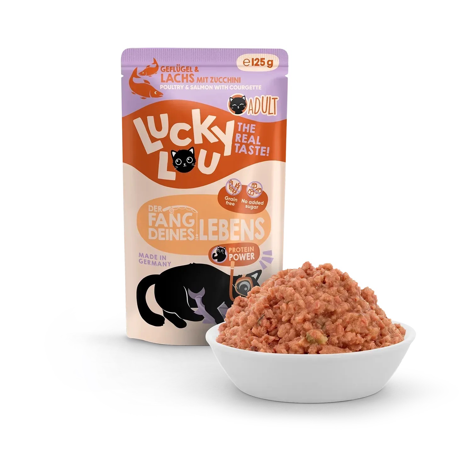 Lucky Lou Katzen-Nassfutter Adult Geflügel & Lachs, 125g Packung und Portion in Schale.
