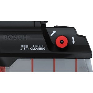 Detailaufnahme: Bosch GDE 28 E Staubaubsaugung mit Filterreinigungsfunktion und rotem Drehknopf.