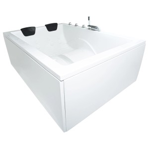 Weiße Basera® XXL Wave Badewanne für 2 Personen, 180x130 cm, mit Kopfstützen und Armatur.