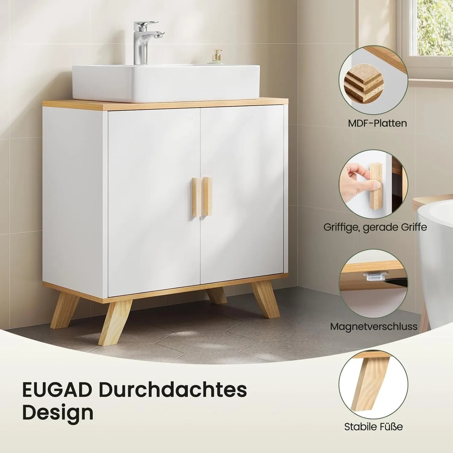 Weißer EUGAD Waschbeckenunterschrank mit Holzplatte, 2 Türen, Holzgriffen und schrägen Holzfüßen. Modernes Badmöbel für Stauraum.