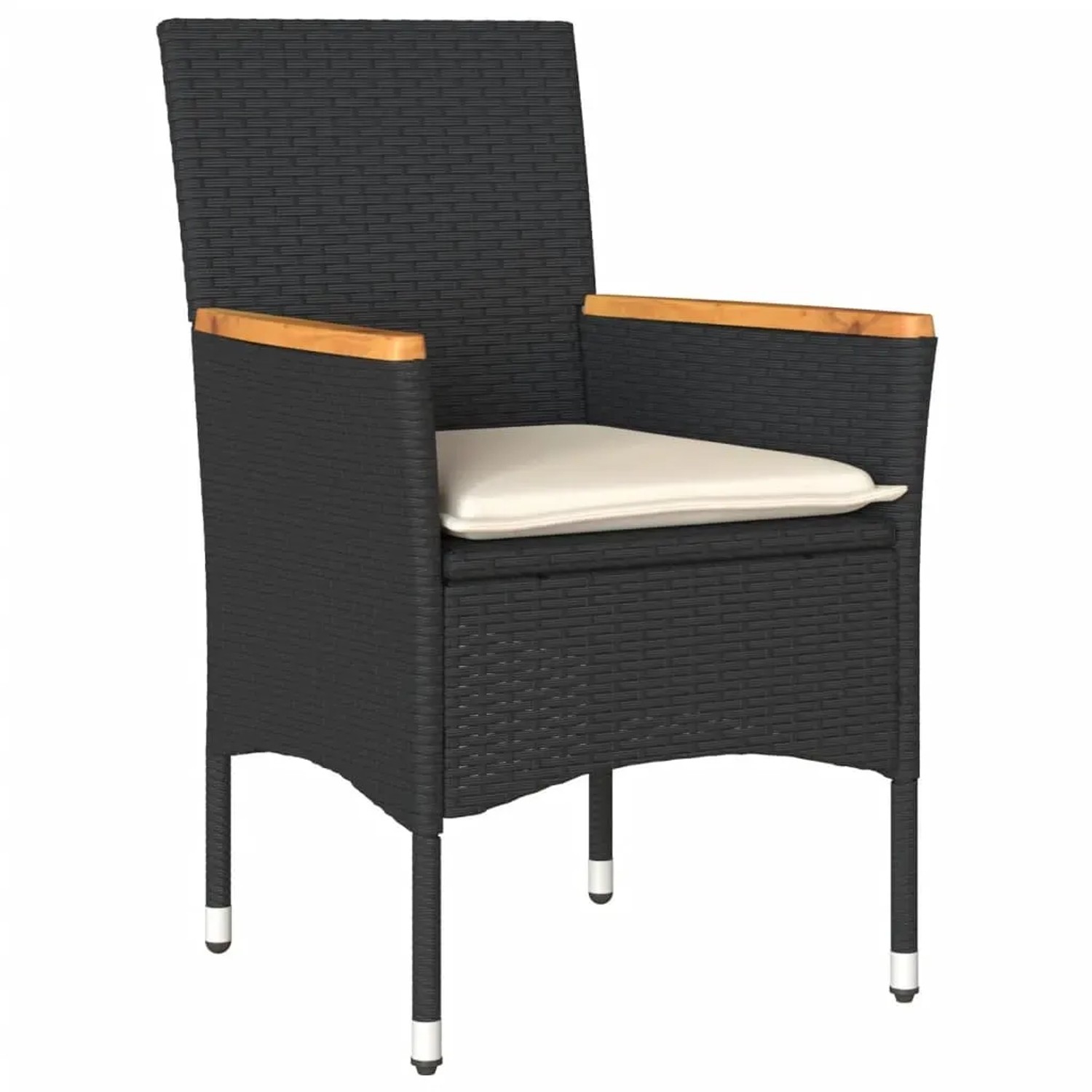 Schwarzer vidaXL Gartenstuhl aus Rattan mit cremeweißem Kissen, Teil der 3-tlg. Essgruppe.