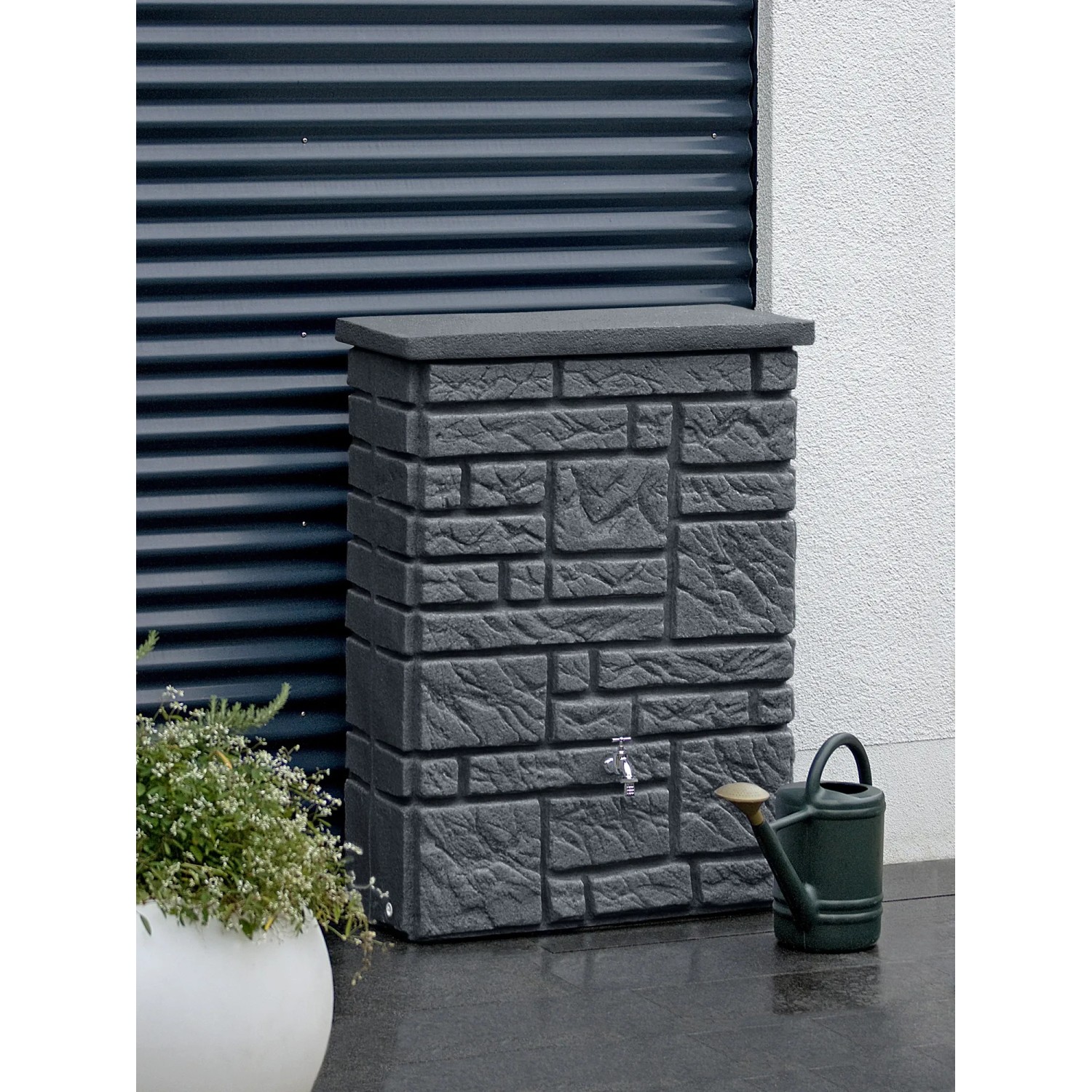 Arves Regentonne Maurano 300 l, Black Granit, mit Wasserhahn und Gießkanne.