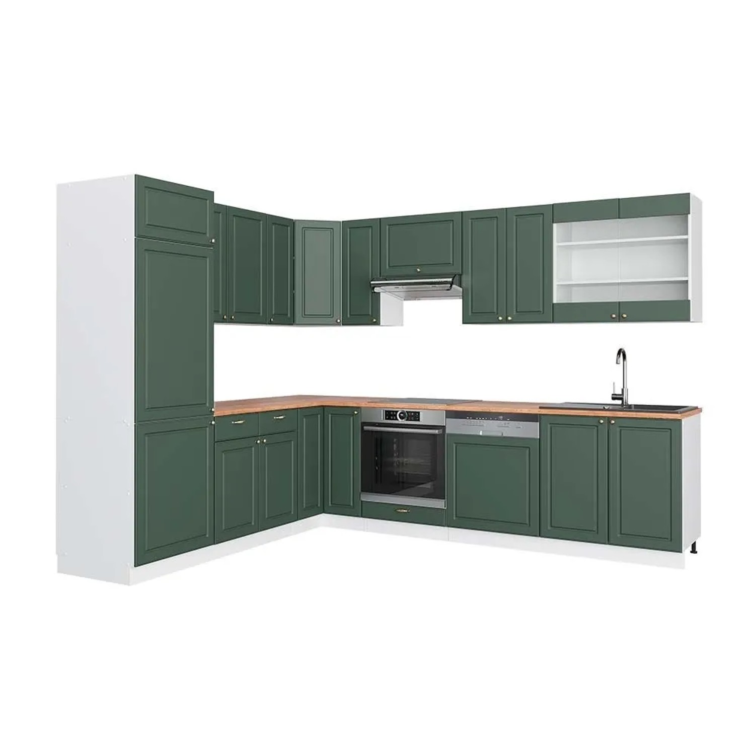 Vicco Eckküche Fame-Line Grün-Gold Landhaus/Weiß 287 x 82, AP Eiche