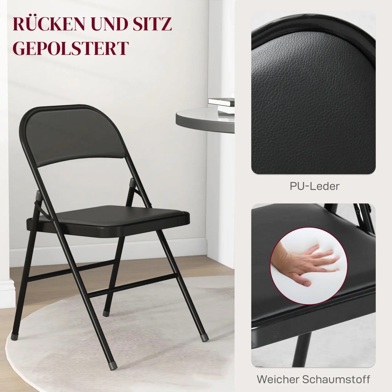 HOMCOM Klappstuhl 4er-Set, schwarz, mit Kunstleder-Kissen und Stahlbeinen.