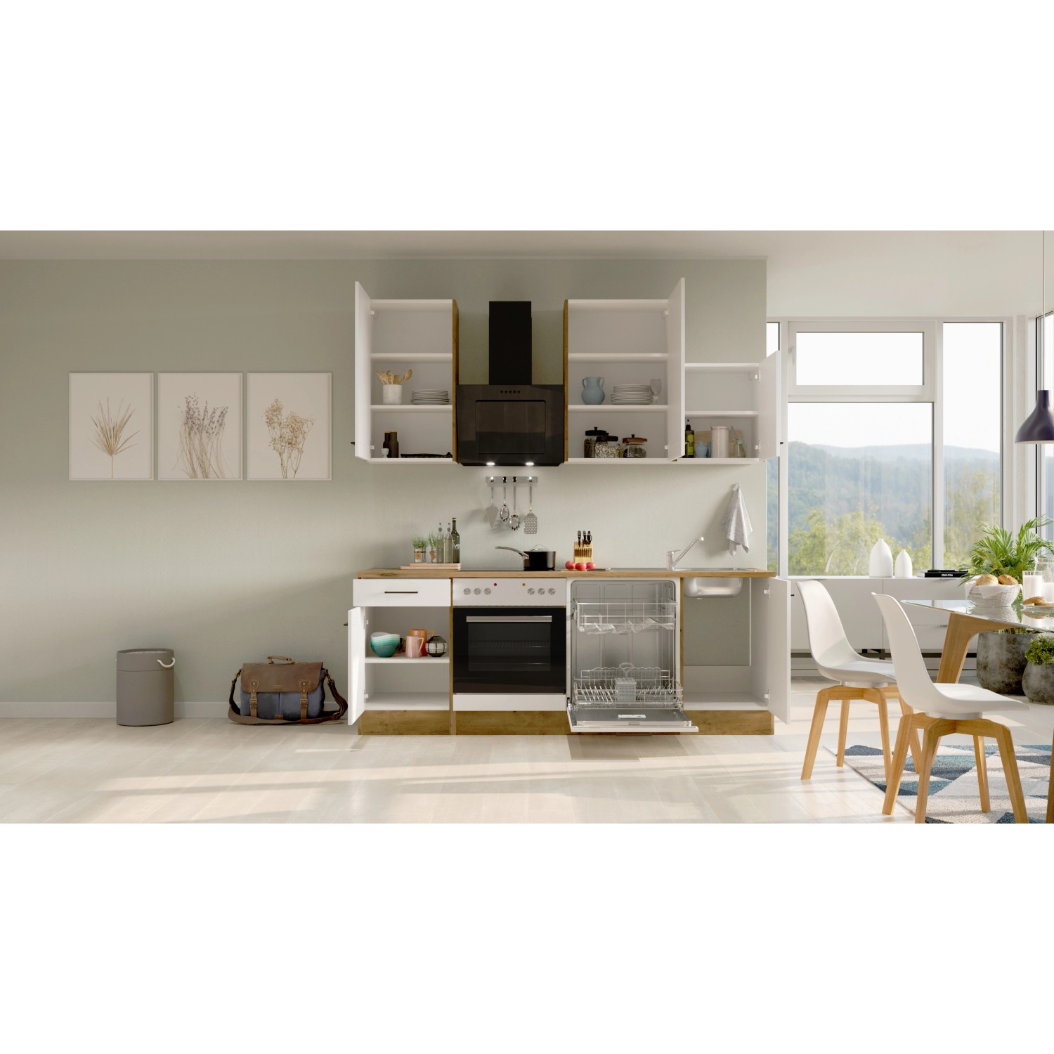 Flex-Well Exclusiv Küchenzeile/Küchenblock Vintea 220 cm Magnolia matt - Lancelot Oak