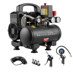 STAHLWERK Kompressor ST-38 PRO Set: Ölfreier Kompressor, Reifenfüller, Schlauch, Ausblaspistole und Verteiler.