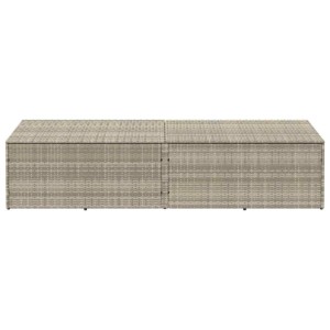 Hellgraue Garten-Auflagenbox aus Poly Rattan, 220x50x58 cm, zur Aufbewahrung von Gartenbedarf.