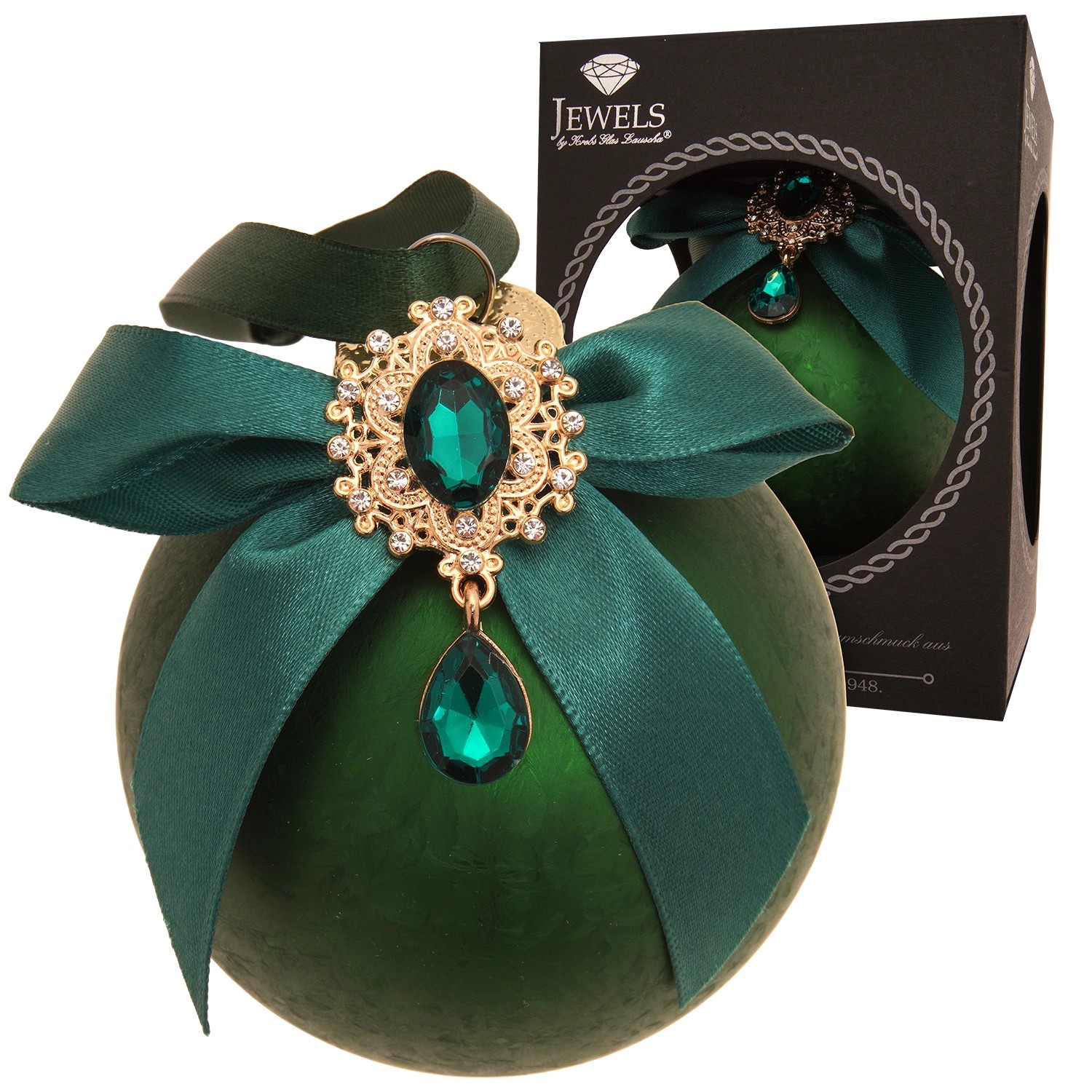 Krebs Glas Lauscha Weihnachtskugel Strassstein Schleife Eisdesign Grün 8cm