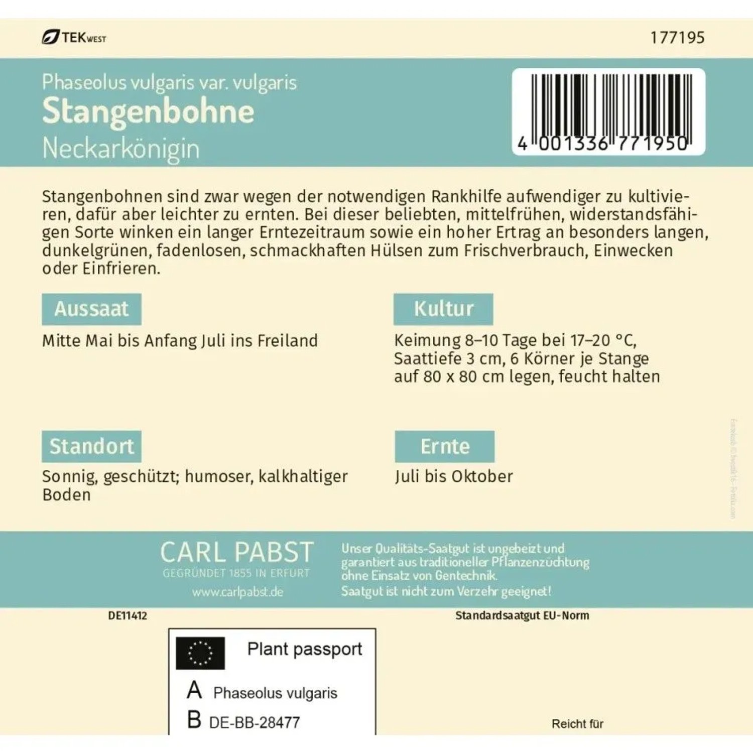Pabst Keimkraft Stangenbohne Neckarkönigin Saatgut-Packung mit Anbauinfos. Gemüsesamen für ca. 50 Pflanzen.