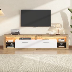 Moderner TV-Schrank 180 cm mit Naturholz-Optik, weißen Schubladen und integrierter LED-Beleuchtung.