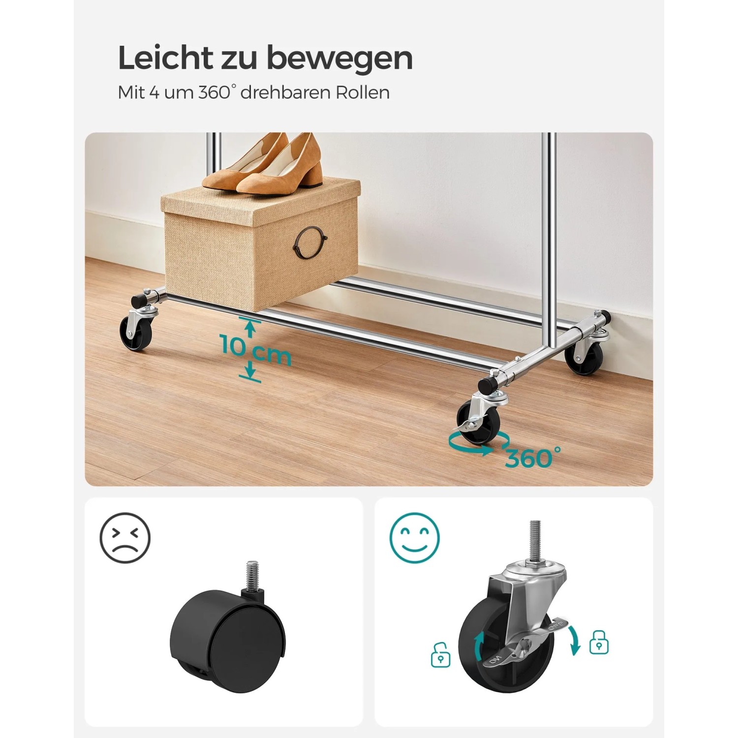 Songmics Kleiderständer Silber mit Rollen und Ablage für Boxen.