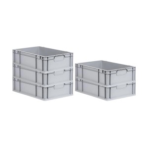 PROREGAL Spar Set: 5 graue Euroboxen Nextgen Economy, 34 Liter, mit Griffen, gestapelt.