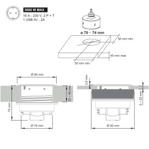 SOTECH Einbausteckdose Rund Ø85 mm Edelstahloptik Gebürstet mit Je 1x Schuko und USB A