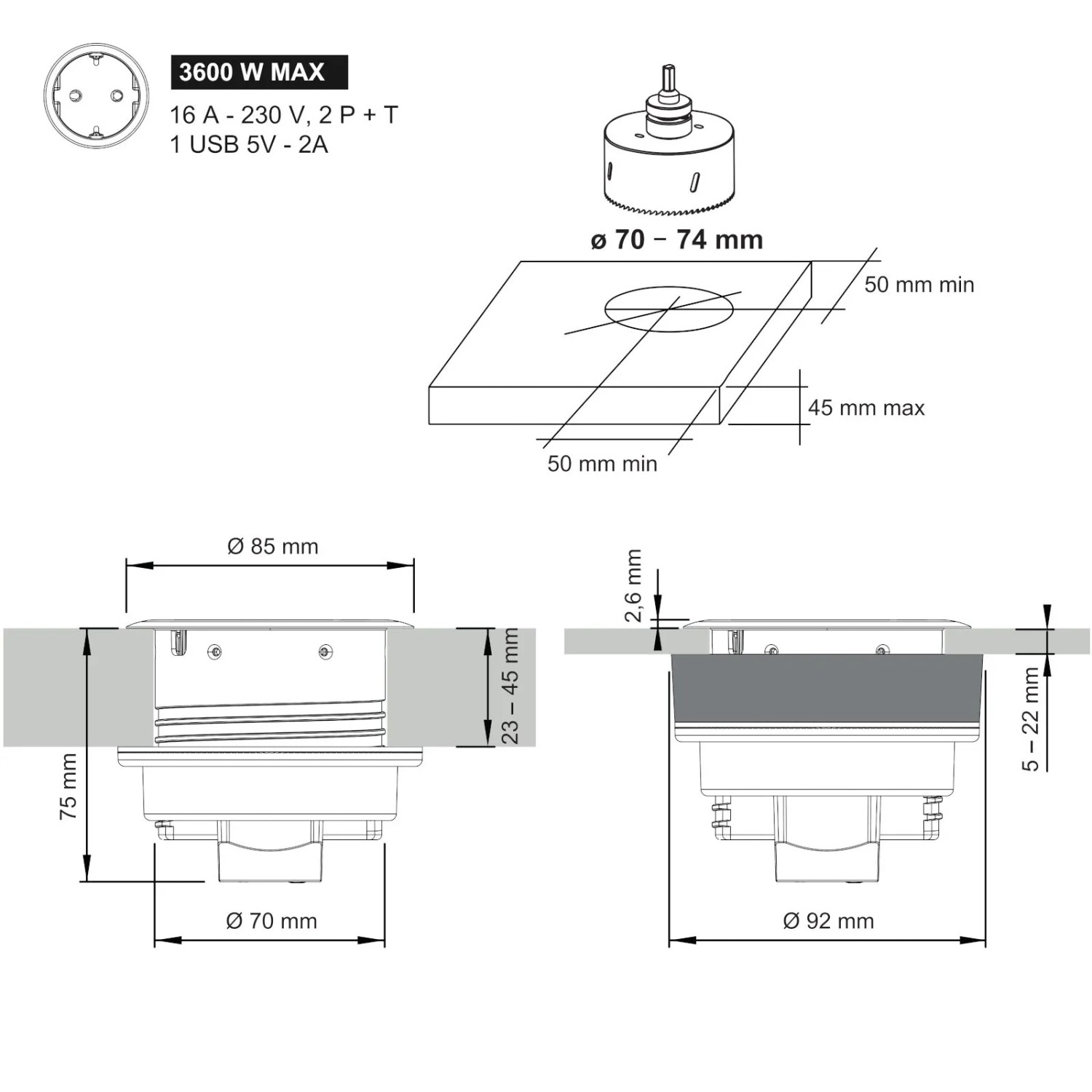 SOTECH Einbausteckdose Rund Ø85 mm Edelstahloptik Gebürstet mit Je 1x Schuko und USB A_3