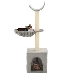 Grauer Katzen-Kratzbaum (105 cm) mit Sisal-Säule, Katzenhaus und Liegekorb mit zwei Katzen.