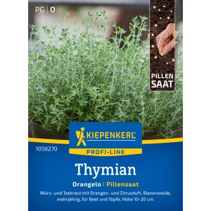Kiepenkerl Thymian Orangelo Pillensaat Packung mit Thymianpflanze und Pillensaat Symbol.
