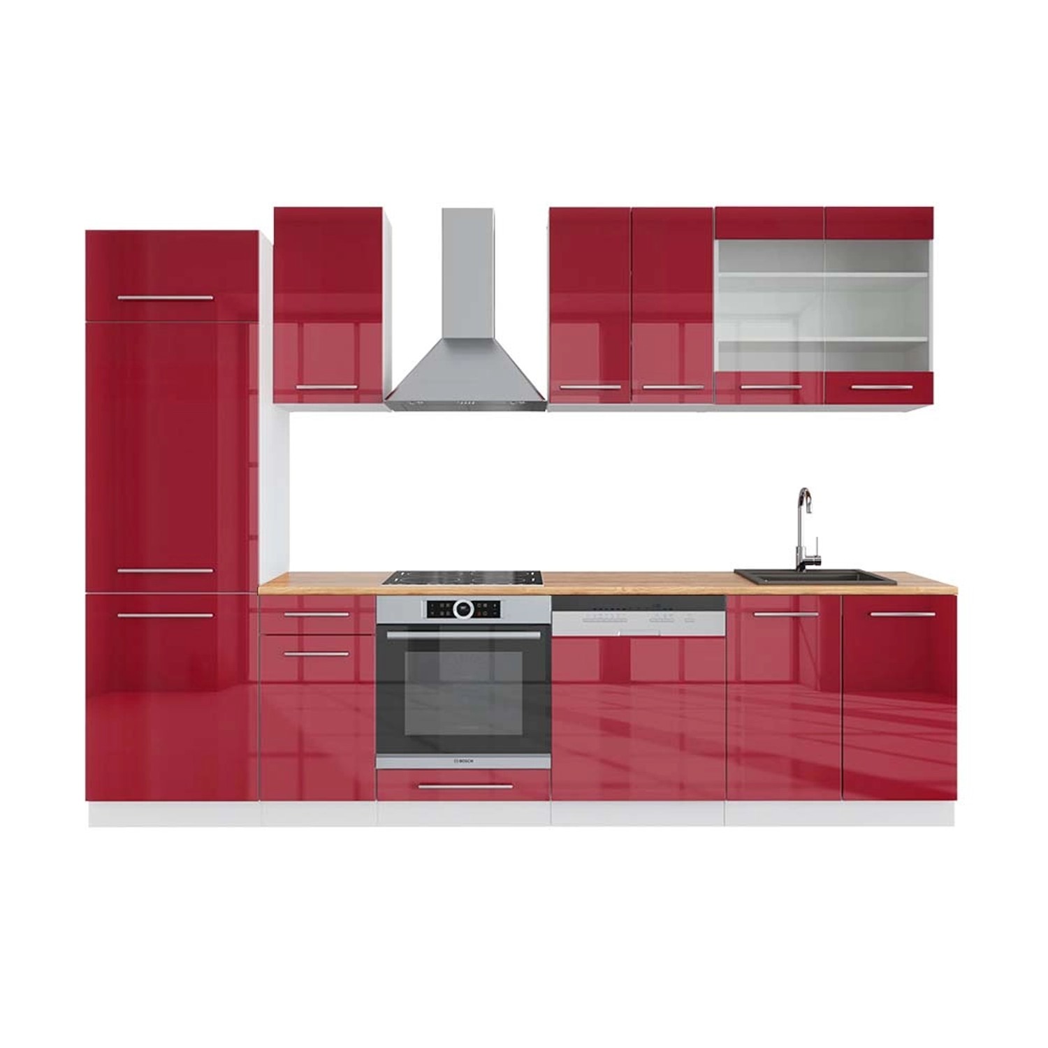 Vicco Fame-Line Küchenzeile Bordeaux Hochglanz/Weiß 300 cm AP Eiche günstig online kaufen