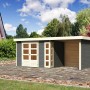 Terragraues Karibu Holz-Gartenhaus Sölve mit Flachdach und Doppeltür.