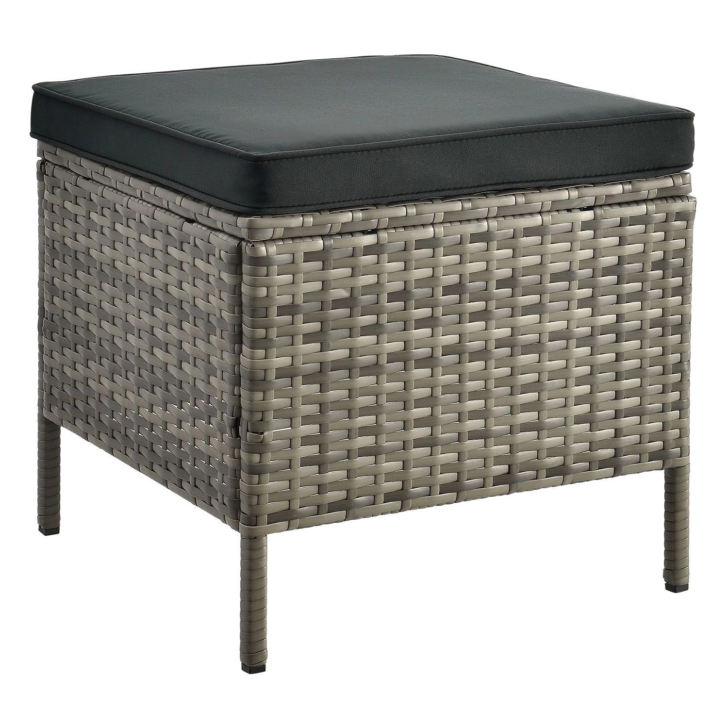 Juskys Polyrattan Hocker Manacor, grau meliert mit dunkelgrauem Kissen, Teil der Gartenmöbel Lounge.