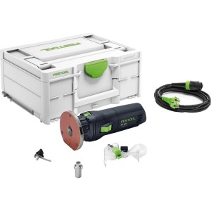 Festool Kantenfräse OFK 500 Q-Plus R3 Set: schwarze Fräse, Systainer, Kabel und Zubehör für präzises Fräsen.