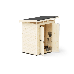 Upyard Gartenhaus Strongbox M aus Holz mit geöffneten Doppeltüren und Gartengeräten.