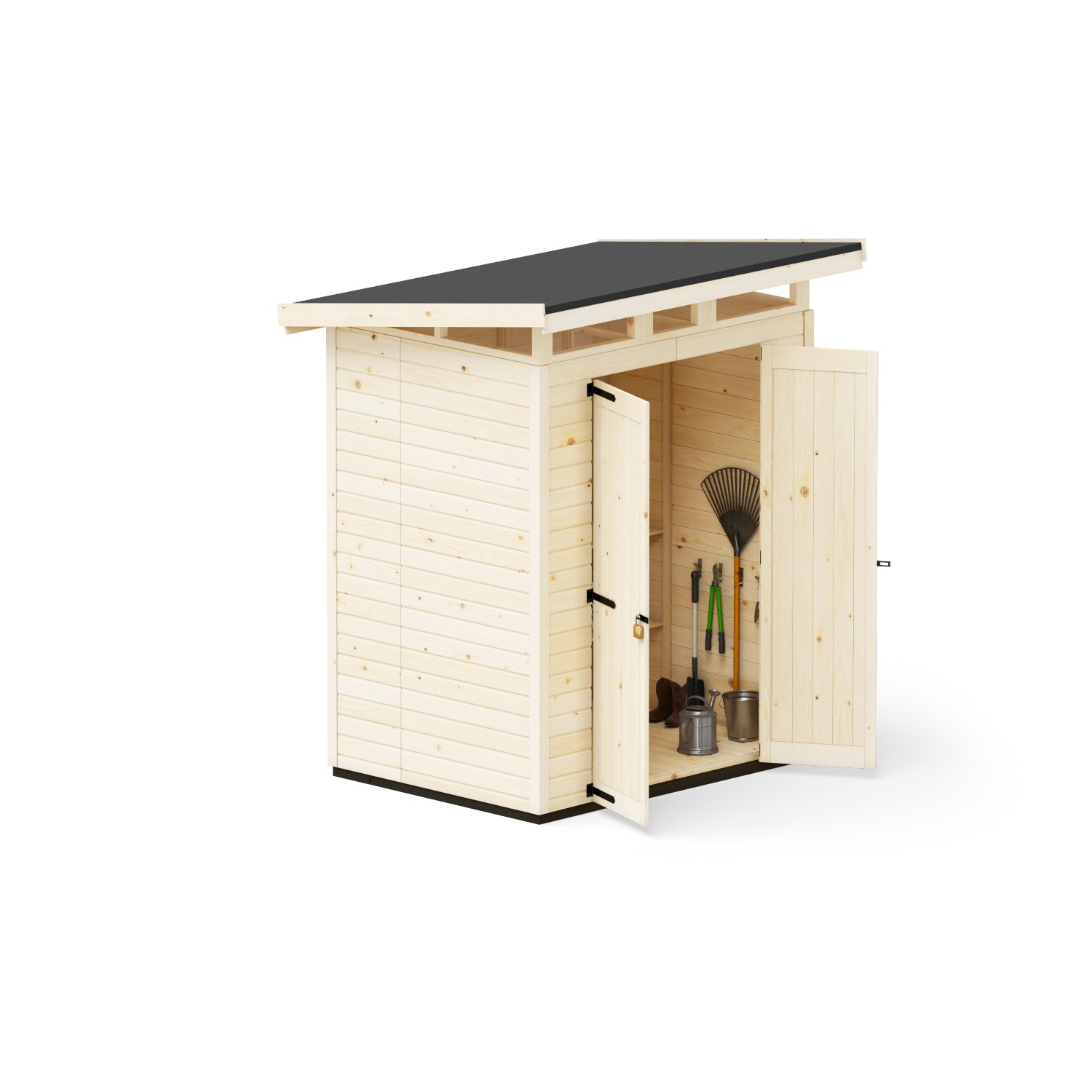 Upyard Gartenhaus Strongbox M aus Holz mit geöffneten Doppeltüren und Gartengeräten.