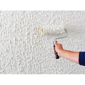 Auftragen von Knauf Royal Fertigputz (1mm) mit einer Farbrolle auf eine strukturierte Wand.