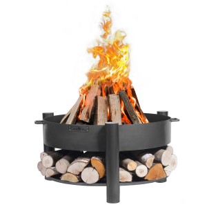 Schwarze CookKing Feuerschale Montana mit Holz und Flammen, Ø 60 cm.
