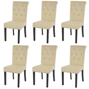 6er-Set Polsterstühle im Chesterfield-Stil, Kunstleder Creme, dunkle Beine und Ziernägel.