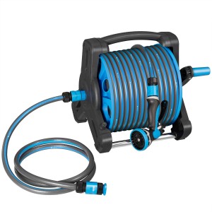 Juskys Schlauchtrommel mit 30m Schlauch und Multifunktionsbrause, blau-dunkelgrau.