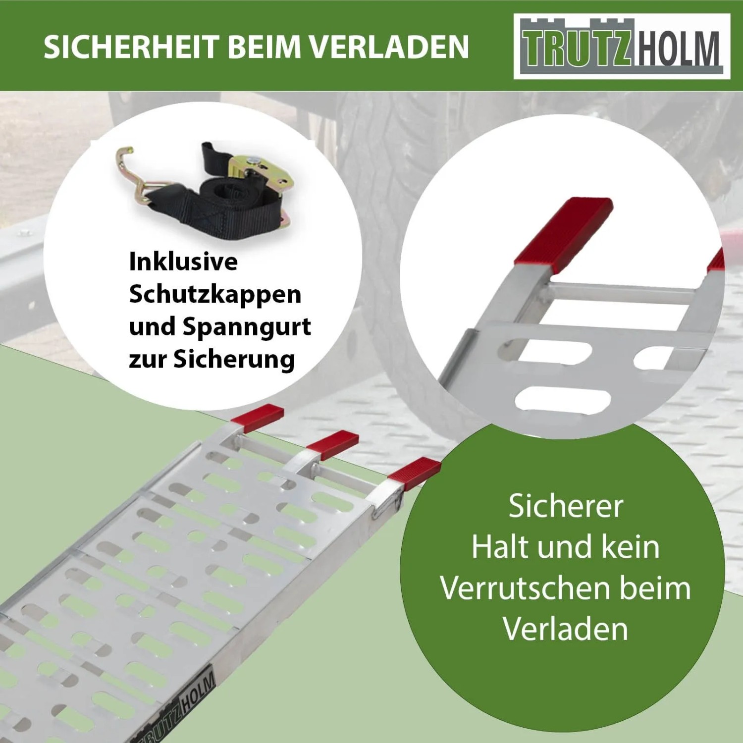 TRUTZHOLM Auffahrrampe, klappbar, grau, mit Spanngurt und Schutzkappen für sicheres Verladen.