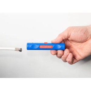 WEICON Coax-Stripper No.2: Koaxialkabel-Abisolierwerkzeug in Blau/Rot mit Kabel.