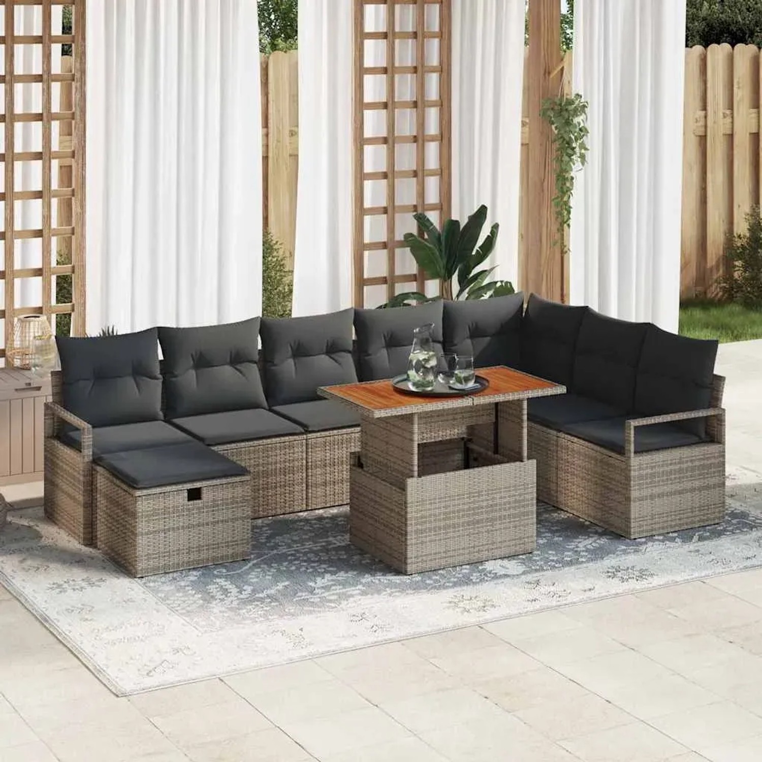 Graues 9-tlg. vidaXL Garten-Sofa-Set aus Poly Rattan mit höhenverstellbarem Tisch.