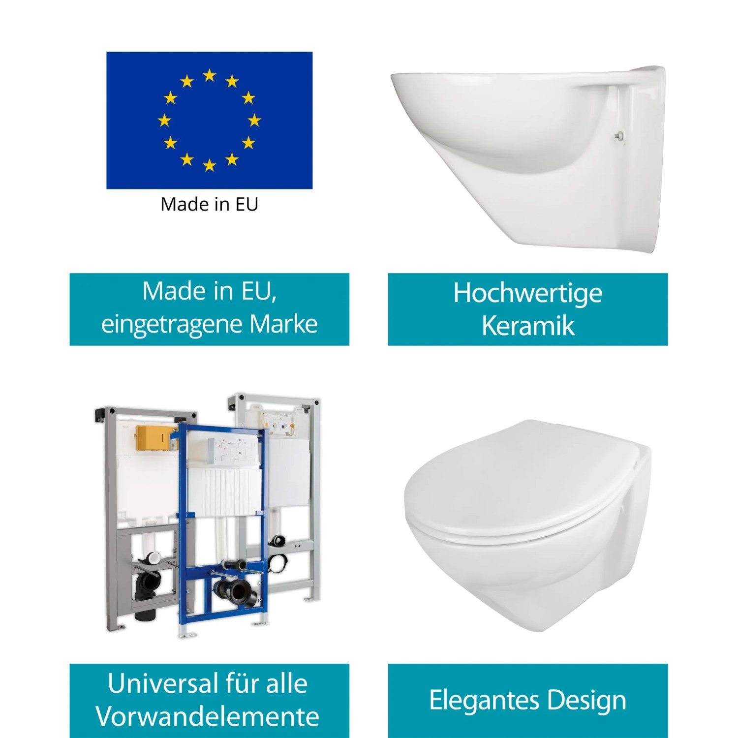 Calmwaters Wand-WC Set, erhöht, spülrandlos, mit WC-Sitz aus Duroplast, weiß.