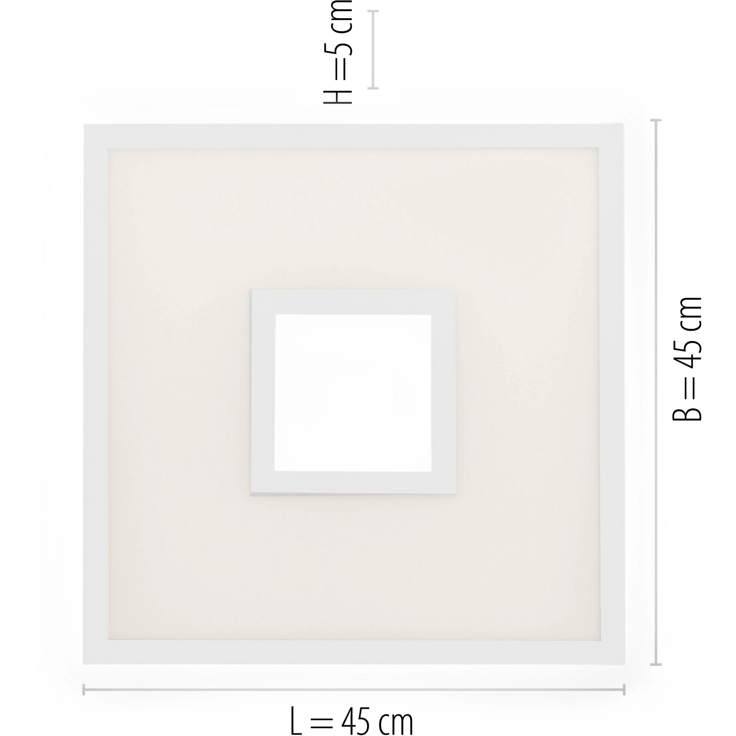 Quadratische, weiße LED-Deckenleuchte (45x45 cm) mit CCT-Funktion für variable Lichtfarbe.
