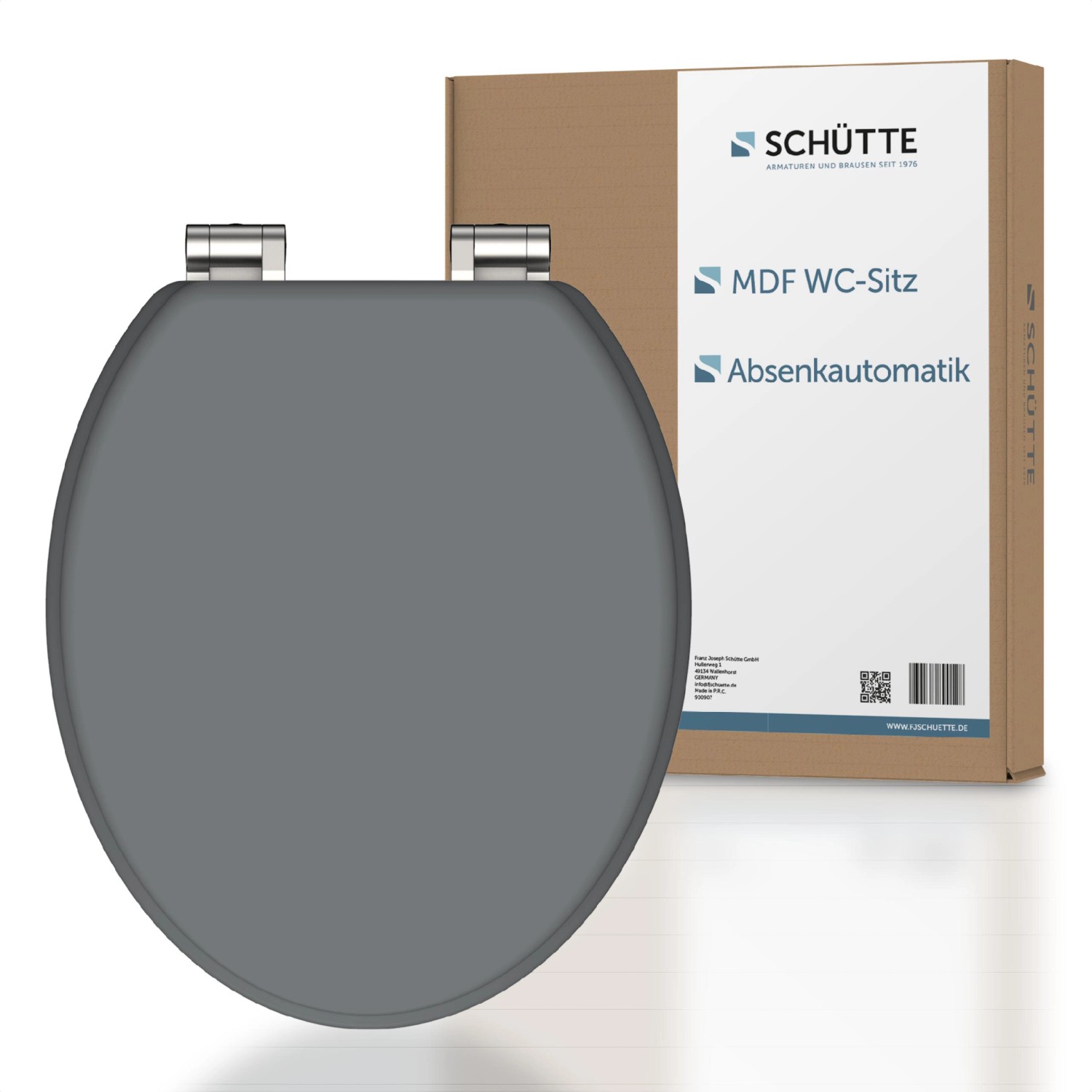 Schütte WC-Sitz MDF Spirit Grey mit Absenkautomatik, graue Klobrille mit Verpackung.