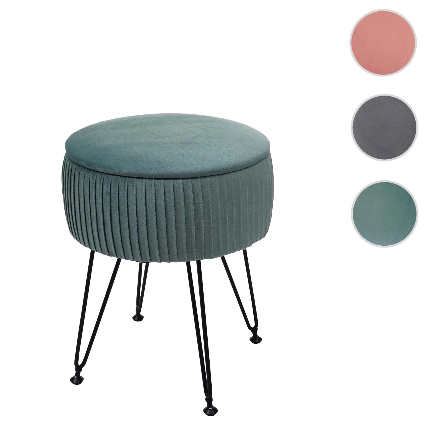 Grüner Sitzhocker K47 mit schwarzem Gestell, abnehmbarem Deckel und Stauraum.