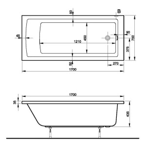 Technische Zeichnung der weißen Pianura Solo Rechteck-Badewanne, 170x75 cm, mit Maßangaben.