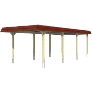 Weißer Skan Holz Carport Wendland mit rotem Alu-Dach und acht Pfosten.