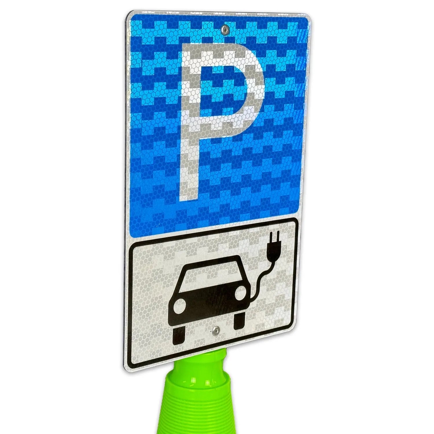 UvV Flex Leitkegel orange 75cm mit Parkplatz Schild für Elektroautos.