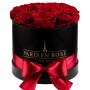 Rosenbox mit 14 bordeauxfarbenen Rosen und Schleife in Schwarz, Durchmesser 19 cm.