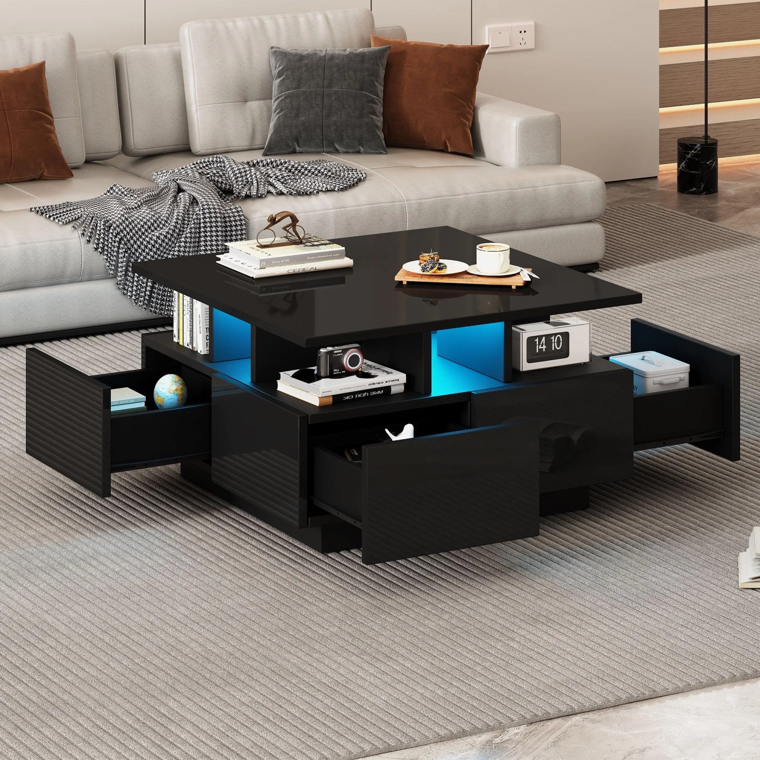 Merax Hochglanz Couchtisch mit LED 4 Schubladen Sofatisch Schwarz 70x70x40 cm