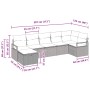 Graue 7-teilige vidaXL Garten-Sofagarnitur aus Polyrattan mit Kissen und Maßangaben.