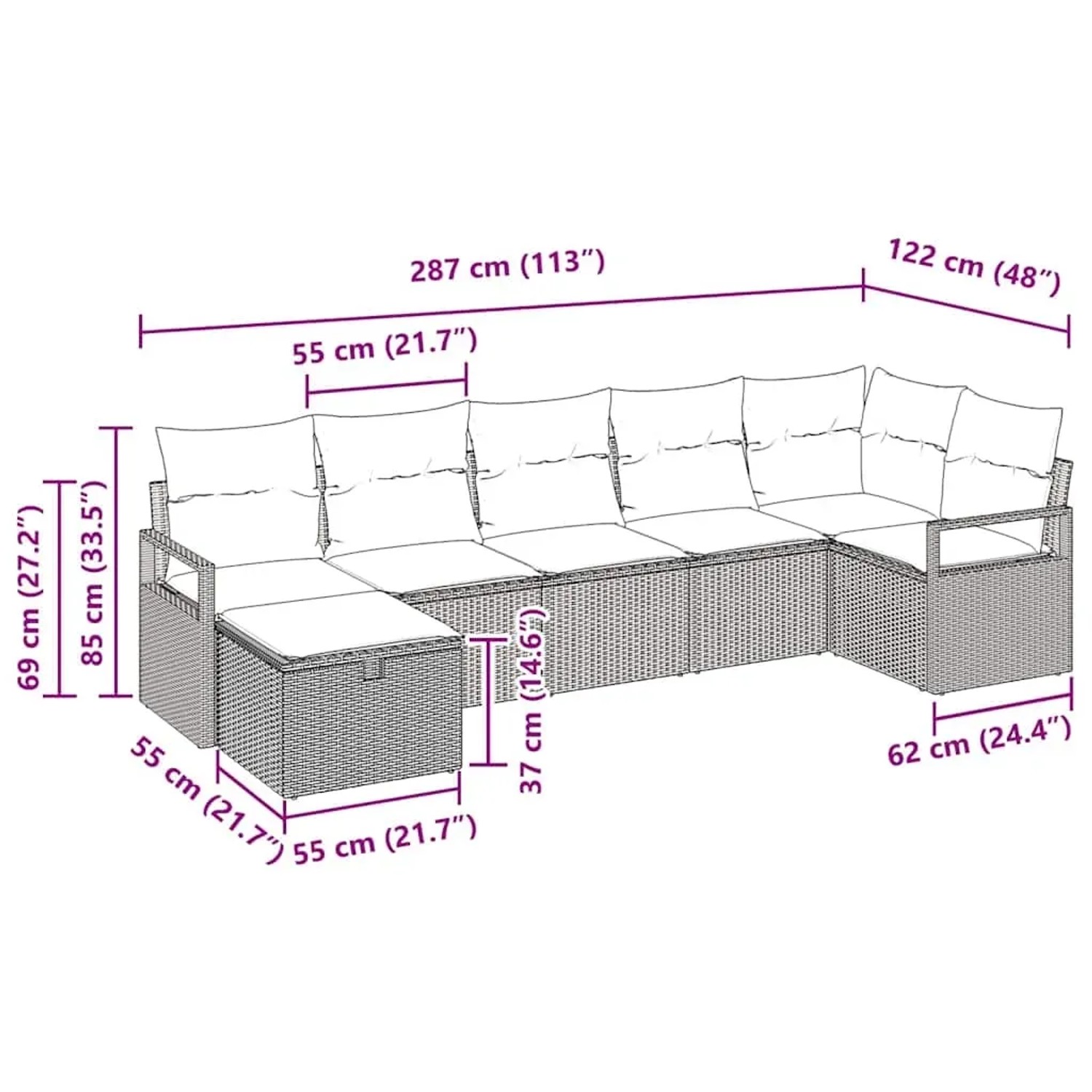 Graue 7-teilige vidaXL Garten-Sofagarnitur aus Polyrattan mit Kissen und Maßangaben.