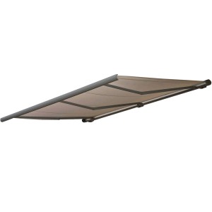 Elektrische Kassettenmarkise, 6x3m, sandfarbenes Polyestertuch, grauer Rahmen. Vollkassettenmarkise.