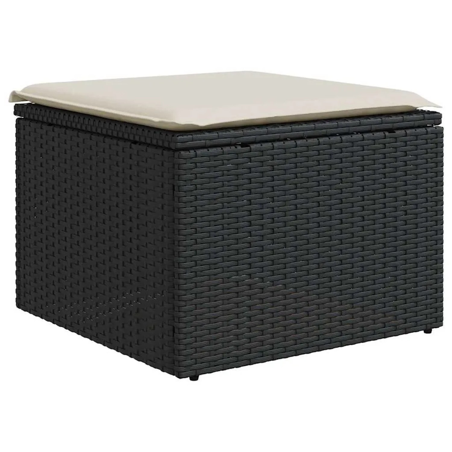 Schwarzer vidaXL Gartenmöbel-Fußhocker aus Rattan mit cremefarbenem Kissen. Teil einer Sofagarnitur.
